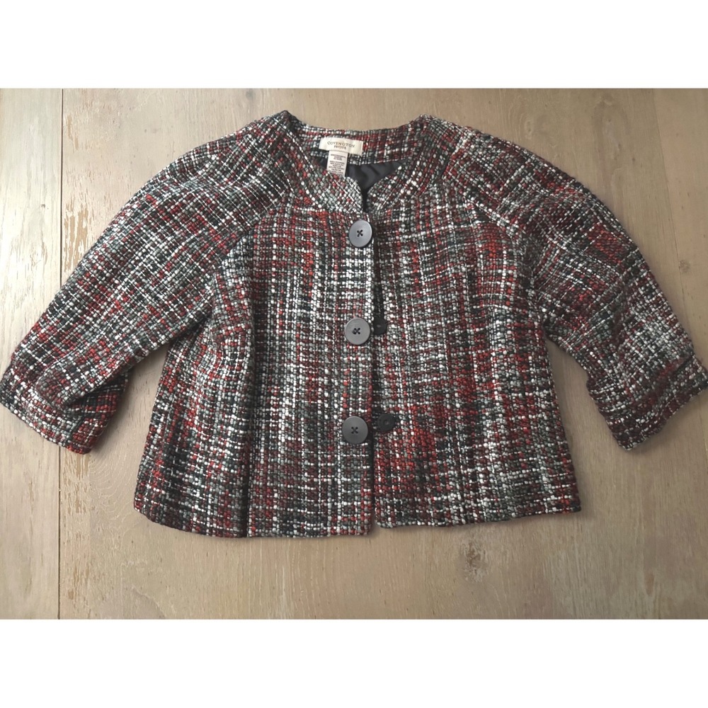 Covington‎ Petite Womens Red Black White Tweed Cropped Jacket 3/4 Sleeve Size SP